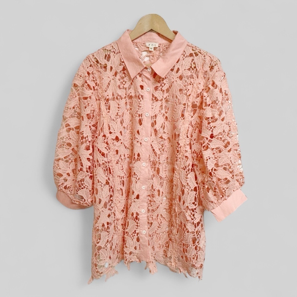 POL Collared Neck Button Up Crochet Lace Shirt Size Medium - Picture 3 of 7